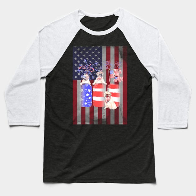 Vintage Pug Dog American Usa Flag Distressed Baseball T-Shirt by Jannysingle